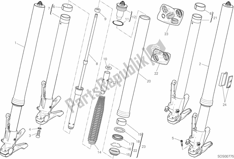 All parts for the Front Fork of the Ducati Multistrada 1260 Touring 2020